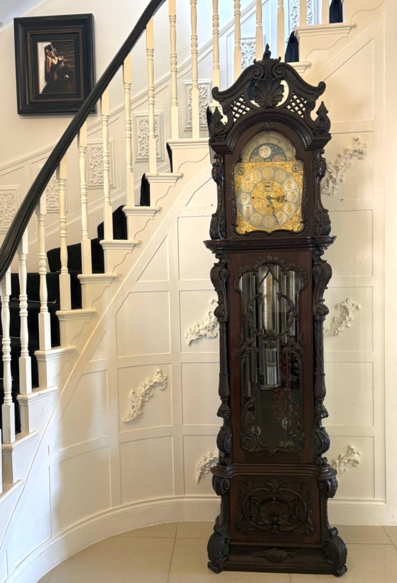 Antique Exhibition Quality Carved Mahogany Nine Tube Chiming Longcase Clock - Image 2